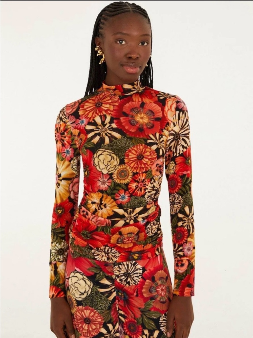 FARM Rio Flowershop Ruched Jersey Blouse Black Brown Floral Long Sleeve S NWT